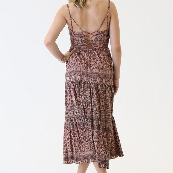 Angie Overdye Tie Strappy Back Tiered Skirt boho Maxi Dress pink mauve Large - Picture 4 of 9